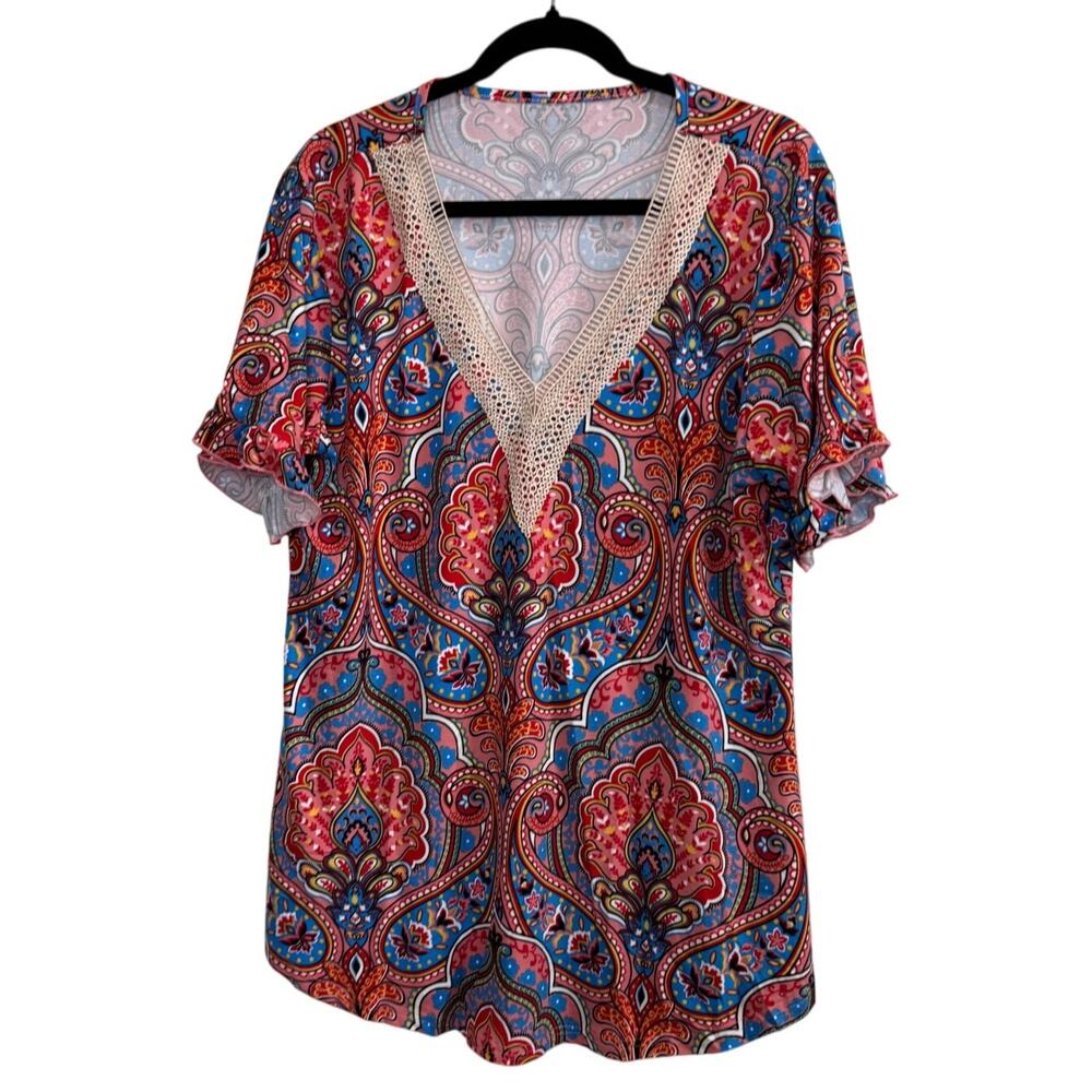 NWOT Women's Short Sleeve Lightweight Blouse Top Paisley Print Lace Collar 2XL